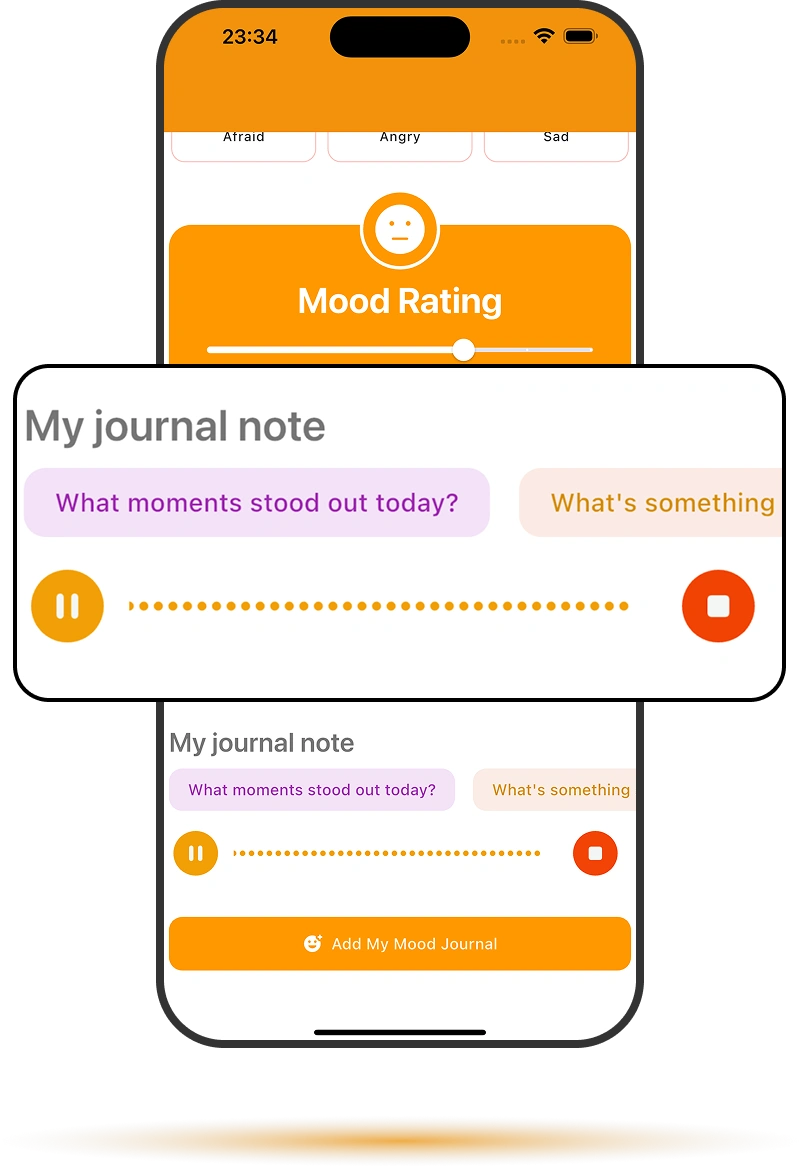 Log by voice on low-spoon days Heylixir voice tracking screen for logging how you feel when you have no energy to type