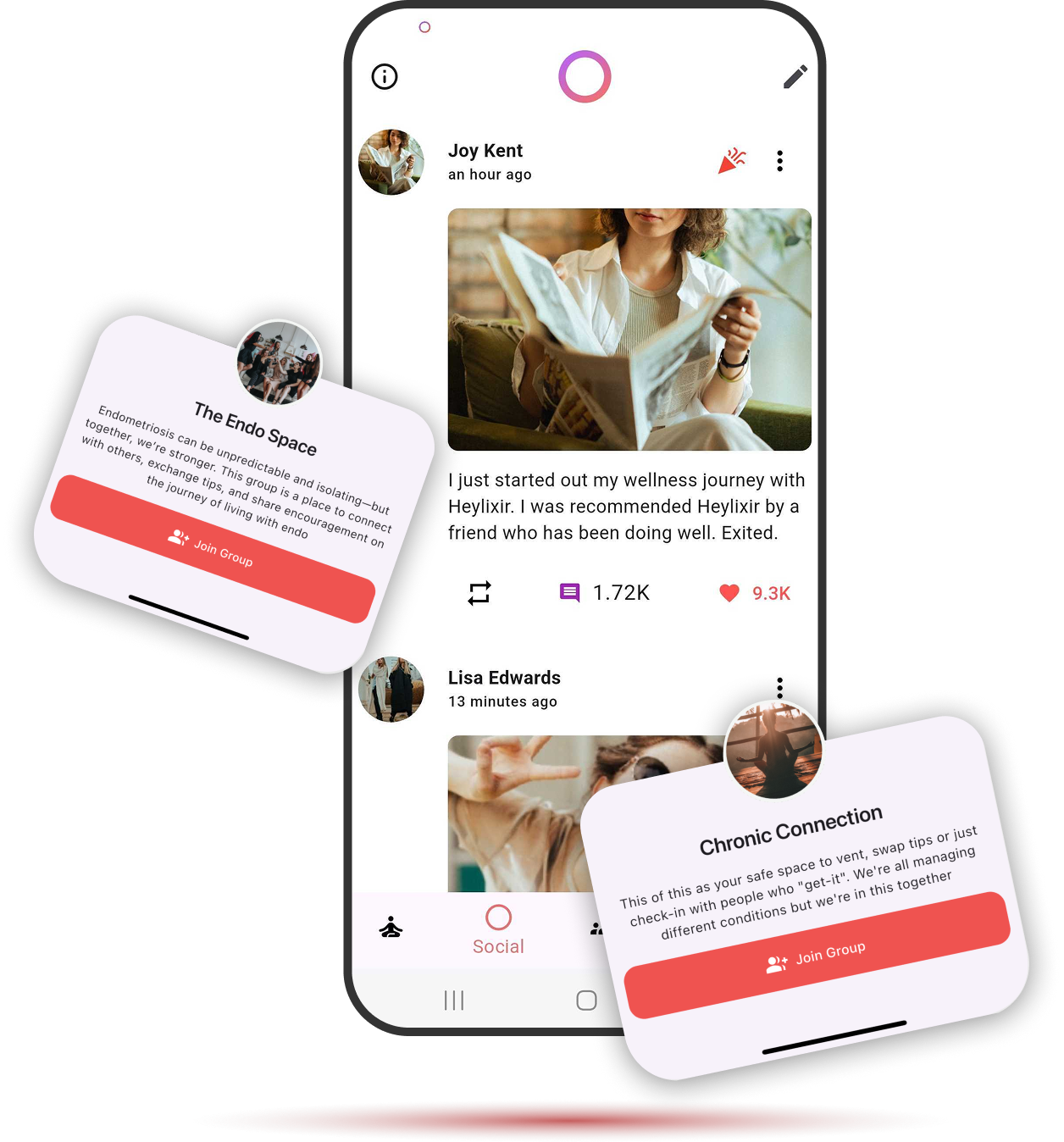 Connect with the Heylixir community Heylixir app community screen showing users connecting, sharing, and supporting each other